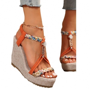 Nouvelles sandales d'été sexy à talon compensé ultra-haut, motif rayé multicolore, en tissu, à bout ouvert et design ajouré - Product Image 5