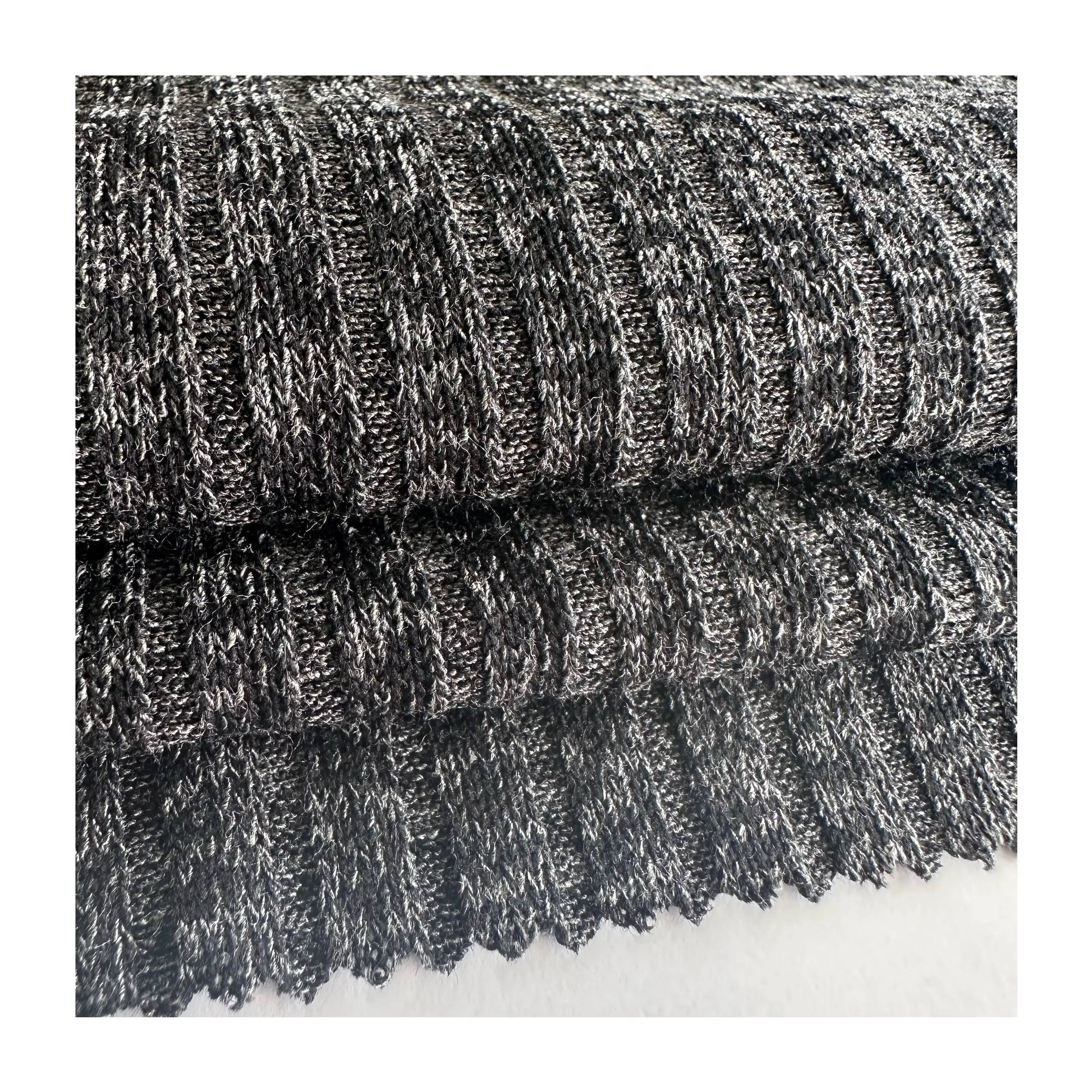Nueva moda tela de costilla melange gris oscuro 79 poliéster 17 viscosa 4 spandex TR tela de costilla ancha elástica para suéter