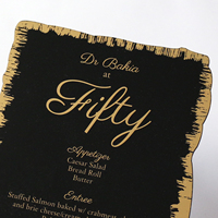 Papel de aluminio acrílico negro con forma personalizada, estampado, boda, hotel, menú, 50 cumpleaños, 80 cumpleaños, celebración, tarjetas de menú