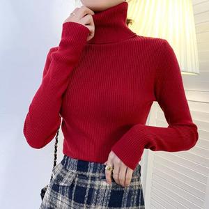 Suéter de punto elástico de manga larga para <span class=keywords><strong>mujer</strong></span>, <span class=keywords><strong>cuello</strong></span> <span class=keywords><strong>alto</strong></span>, ajustado, informal, color liso, para otoño - Product Image 5