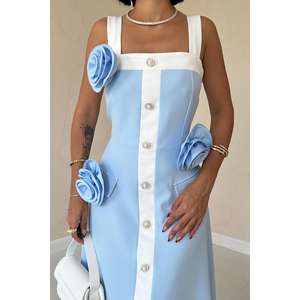 เดรสยาวลายดอกกุหลาบสีน้ำเงิน สายเดี่ยว แต่งซิป คอเหลี่ยม สไตล์เรียบร้อย สำหรับฤดูใบไม้ร่วง ใส่เที่ยวกลางคืน ไซส์ XS รับผลิตแบบ ODM - Product Image 2