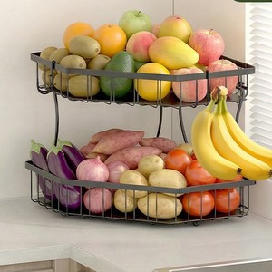 Double Layer Fruit Basket Black Metal <b>Standing</b> Kitchen <b>Vegetable</b> Storage Rack Durable Rectangle Shape - Product Image 1