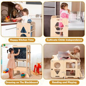 Tabouret de cuisine pliable multifonctionnel 4-en-1 Woodure avec tableau noir pour enfants de 1 à 3 ans, cadeau pour garçon ou fille - Product Image 4