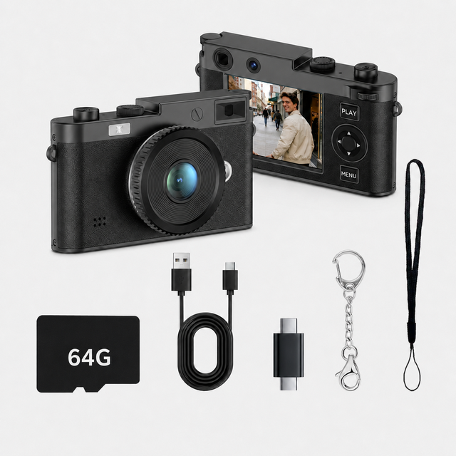 DC32 Digital Camera Retro Leather Finish Dual Screen Display LED Display Light Recording Function Full HD Video Optical Zoom