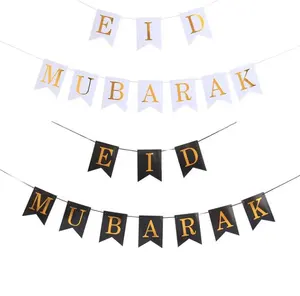 New Ramadan Decoration EID MUBARAK Paper Banner For Home Garland Muslim Festival Gold Black White EID RAMADAN KAREEM Banner