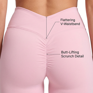 Women Premium Soft Pink Seamless Yoga Set with V Neck Sports Bra High Waist Sculpting <b>Leggings</b> and <b>Booty</b> Scrunch Mini Shorts - Product Image 4