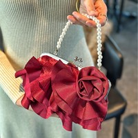 Sac de soirée rétro en satin vintage à fleurs, grande capacité, fleur de rose, perle, polyester, 2026