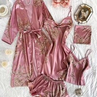 Simple cinq pièces maison porter ensemble imprimé cerise pyjamas femmes mince chemise de nuit licou Shorts licou jupe ensemble