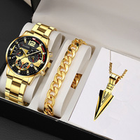 Montres pour hommes de luxe écologiques à quartz, bracelet en acier allié, grand cadran, ensemble avec collier croix - Vente chaude