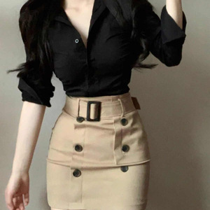 Women's Two Piece Set Shirt And Skirt Solid Color Long Sleeve Belted Office Wear Formal Outfit Polyester Oxford Fabric JY-8360 - Product Image 4