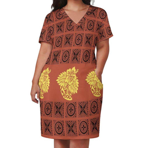 Hawaii Polynesian Monstera Lá In Váy Cộng Với Kích Thước Giản Dị Dài Đến Đầu Gối Mùa Hè Của Phụ Nữ Samoan Puletasi Dresses Tự Nhiên - Product Image 6