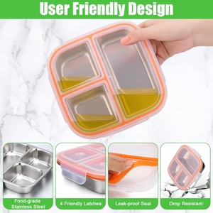 Boîtes à lunch en acier inoxydable pour enfants, réutilisables, étanches, boîte à bento pour collations avec 3 compartiments pour le stockage des aliments, pique-nique, voyage - Product Image 6
