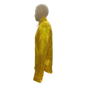 Camicia da uomo a maniche lunghe con paillettes dorate, blusa lucida con bottoni sul risvolto, top <span class=keywords><strong>per</strong></span> discoteca, feste, palcoscenico, ballo - Product Image 4