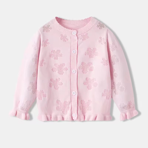 เสื้อคาร์ดิแกนเด็กผู้หญิง ดีไซน์ใหม่รับฤดูใบไม้ผลิ ผ้าฝ้าย 100% คอทรงกลม ลายเชอร์รี่ สีชมพู สวยงาม - Product Image 1