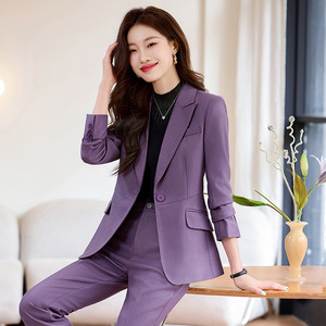 Purple Women's Suit Set Autumn Slim Fit Office Lady Polyester Anti-Wrinkle Three Quarter Sleeve - Product Image 1