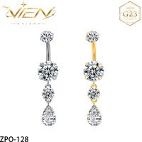 VIEN Bijoux ZPO-128 – Nouveau piercing de nombril en titane de qualité implantable, couleur or, avec pendentif goutte d'eau en zircon cubique