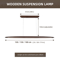Lámpara Colgante Lineal Moderna de Madera de Nogal, Diseño Curvo Plano de 150 cm, LED Regulable, para Sala de Estar