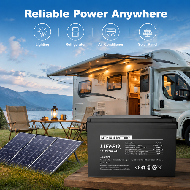 12.8V 200Ah LiFePO4 RV Lithium Battery Deep Cycle Battery with Bluetooth BMS for Motorhome Camper Caravan Power System