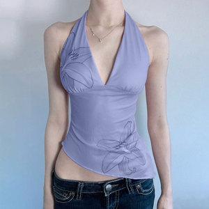 OEM personalizado verano Sexy cuello Halter malla chaleco púrpura lirio estampado espalda descubierta camiseta sin mangas con cordones Halter Tops para mujeres ropa de vacaciones - Product Image 1