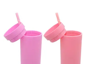16oz Double Wall Skinny Tumbler Straw Cup Acrylic Matte Customized Personalised Plastic Pink Cups With Straw