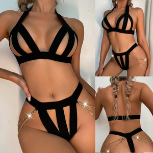 Ensemble soutien-gorge et culotte <span class=keywords><strong>en</strong></span> métal à chaîne pour femme, marque privée, <span class=keywords><strong>lingerie</strong></span> sexy et sensuelle, sous-vêtements féminins élastiques de qualité - Product Image 1