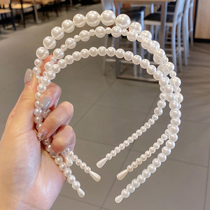 Serre-tête simple en plastique fin avec perles blanches, élastique, nœud élégant, accessoires de mode pour cheveux, cadeau pour filles - Product Image 1