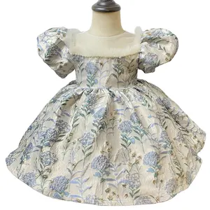 Hot selling kids clothing summer short sleeves embroidery flower girls dresses for 5 years old birthday princess frock