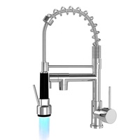 Robinet de cuisine commercial en acier inoxydable avec éclairage LED, mitigeur monocommande eau chaude et froide, douchette extractible, 2 becs, monotrou