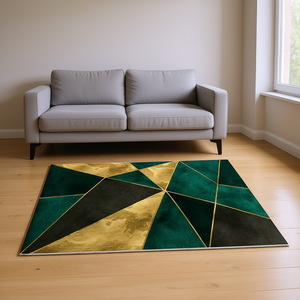 Alfombra Rectangular Moderna de Diseño Geométrico para Interiores, Verde, Negro y Dorado, 5x7, para Sala de Estar, Dormitorio, Apta para Mascotas - Product Image 2
