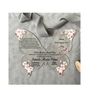 Tarjeta de Invitación Acrílica de Lujo con Diseño Floral de Flores de Cerezo Rosa <span class=keywords><strong>Sakura</strong></span> para Fiesta de Quinceañera de 15 Años o Baby Shower con Mariposas - Product Image 1