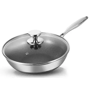 Wholesale Nonstick Coating Fry Pan Cooking Wok Honeycomb Household Cooking Wok Stainless Steel Pan With Glass Lid