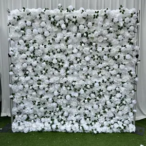 A-FW050 all'ingrosso della parete del fiore artificiale 8ft x 8ft bianco della parete del fiore arrotola il pannello del fiore della rosa per la decorazione di nozze