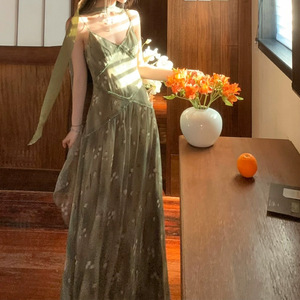 Green Lotus Floral Chiffon Sundress Empire Waist Sweetheart Neckline Sheer Layer Women's Evening Dress 2025 New Arrival - Product Image 4