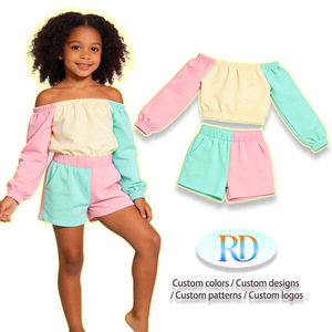 Abbigliamento OEM per <span class=keywords><strong>Bambini</strong></span> per Vacanze, Top <span class=keywords><strong>con</strong></span> Spalle Scoperte 96% Cotone + Pantaloncini, Completo Bambina Estivo Casual Personalizzato <span class=keywords><strong>con</strong></span> Blocchi di Colore - Product Image 1