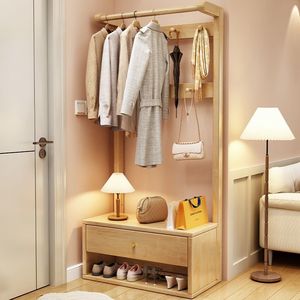 Solid Wood Floor <b>Standing</b> <b>Coat</b> Rack With <b>Shoe</b> Storage <b>And</b> Drawer For Entryway Or Bedroom - Product Image 1