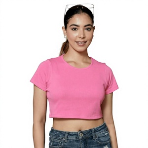 Women's <b>Pink</b> Crop T-Shirt Short Sleeve Crew Neck Solid Color Knitted 100% Cotton Slim Fit Casual Spring Summer Top - Product Image 4