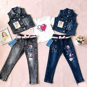 Set <span class=keywords><strong>di</strong></span> 3 Pezzi in Denim per Bambine YQ356 da 11,5 Dollari: Gilet Senza Maniche, T-Shirt a Maniche Corte, Jeans Skinny con Strass - Product Image 1
