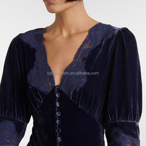 <span class=keywords><strong>Robe</strong></span> longue de luxe décontractée en velours uni à <span class=keywords><strong>col</strong></span> en <span class=keywords><strong>V</strong></span> et <span class=keywords><strong>manches</strong></span> <span class=keywords><strong>courtes</strong></span>, garnie de dentelle, à simple boutonnage pour femme – Vente en gros OEM/ODM directe usine - Product Image 3