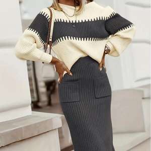 Pullover Colorblock Knit Sweater Slim Half Body <b>Skirt</b> Women's 2 Piece Set Fashion - Product Image 4
