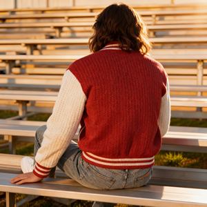 Suéter Cárdigan Universitario Rojo y Blanco BSCI/WRAP, Parche de Letras de Chenilla, Estilo Retro Universitario Unisex Vintage de Béisbol - Product Image 4