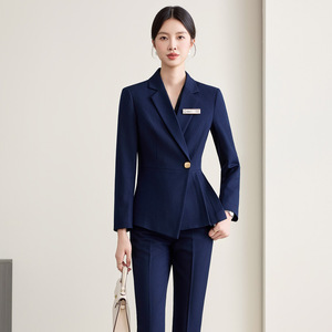 Women's Navy Suit Set Three Quarter Sleeve Anti-Wrinkle Office Lady <b>Work</b> Uniform Spring Autumn - Product Image 2