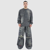 Pantalon cargo en jean délavé et déchiré pour homme, coupe ample, jambe large, style streetwear, personnalisé, en gros