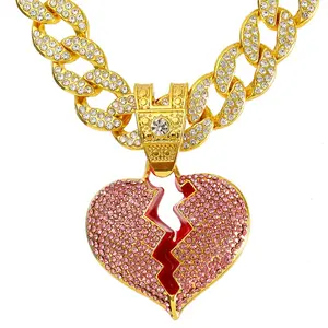 Iced Out 15mm Miami Cuban Chain Jewelry Alloy And Rhinestone Hip Hop Pink Heart Pendant Necklace