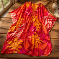 Kaftan de plage pour femme à imprimé feuilles tropicales, robe de plage ample à col en V et manches chauve-souris, protection solaire, paréo de maillot de bain surdimensionné