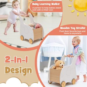 Marche-bébé 2-en-1 et poussette jouet en <span class=keywords><strong>bois</strong></span> avec roues à anneau en caoutchouc, pneus de 8,5 pouces, selle en <span class=keywords><strong>bois</strong></span> et planche d'équilibre - Product Image 2