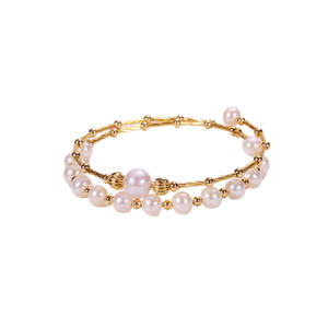 Zhuji Handmade Copper Plated Real Gold Multi-Layer Open <b>Bracelet</b> Freshwater Pearl Ball Shape Elegant <b>Elastic</b> Niche Design - Product Image 5