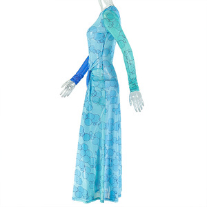 Vestido de mujer de malla transparente con estampado de dos colores, manga larga, abertura, maxi vestido para fiesta o vacaciones, tallas S-L - Product Image 3