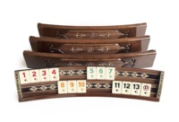 Jeu de société familial Rummy Okey fait main de haute qualité, en mosaïque de bois massif elliptique incrustée de placage de noyer naturel, durable