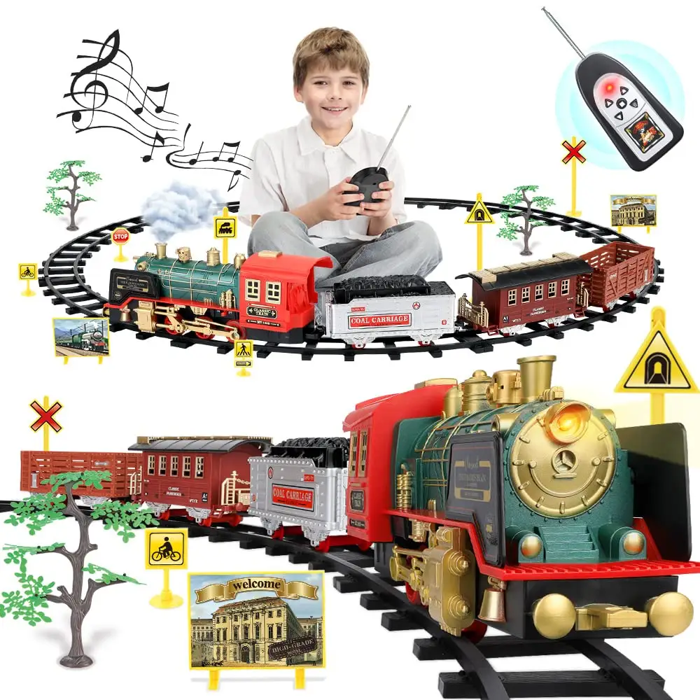 Christmas Electric Train Set Remote Control Train Toys Steam Locomotive Engine Cargo Cars Tracks Toy Plastic BAYI Train for Kids