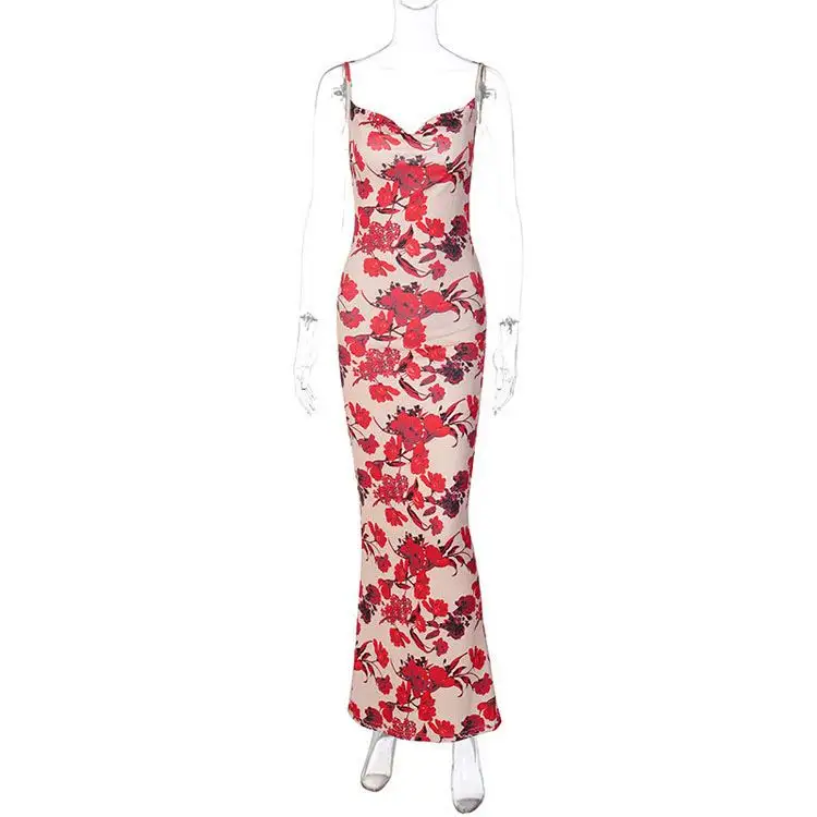 नए गुलाब प्रिंट स्लिंग ड्रेस 2022 छुट्टियों की शैली स्लिम महिला कपड़े
